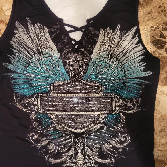 Harley-Davidson Black and Blue Graphic Cut Out Tank Top - Picture 2 of 5